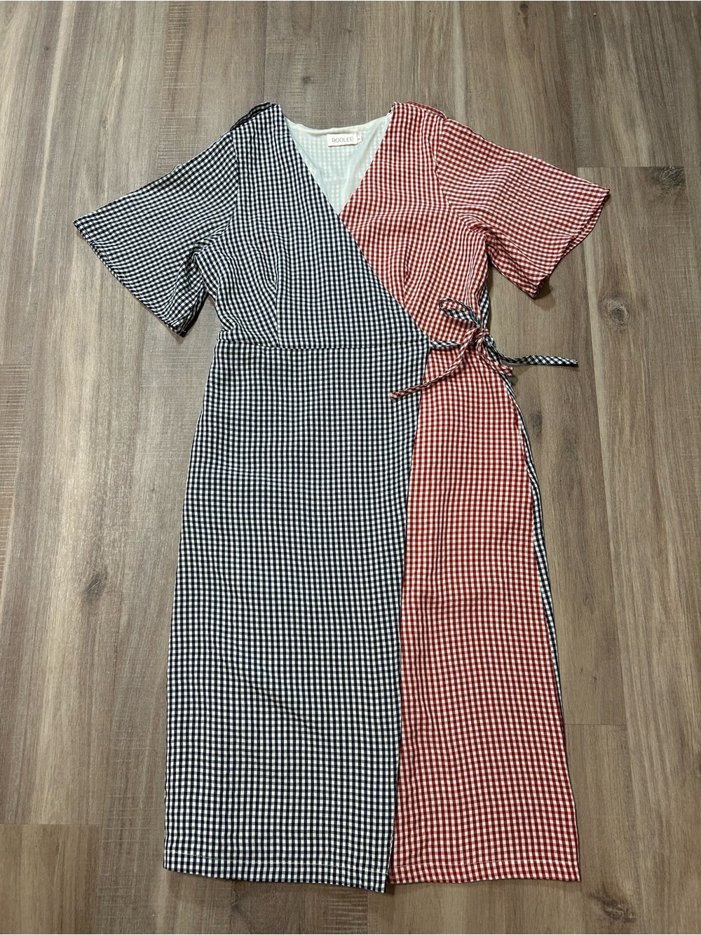 Roolee Two-Tone Gingham Wrap Midi Dress — Red & Black